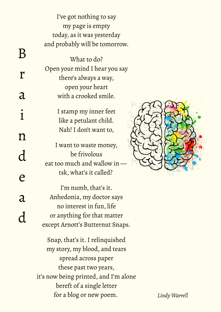 A visual representation of the poem 'Braindead' by Lindy Warrell, featuring colorful illustrations of a brain and expressive typography detailing themes of emptiness, frustration, and the creative struggle.
