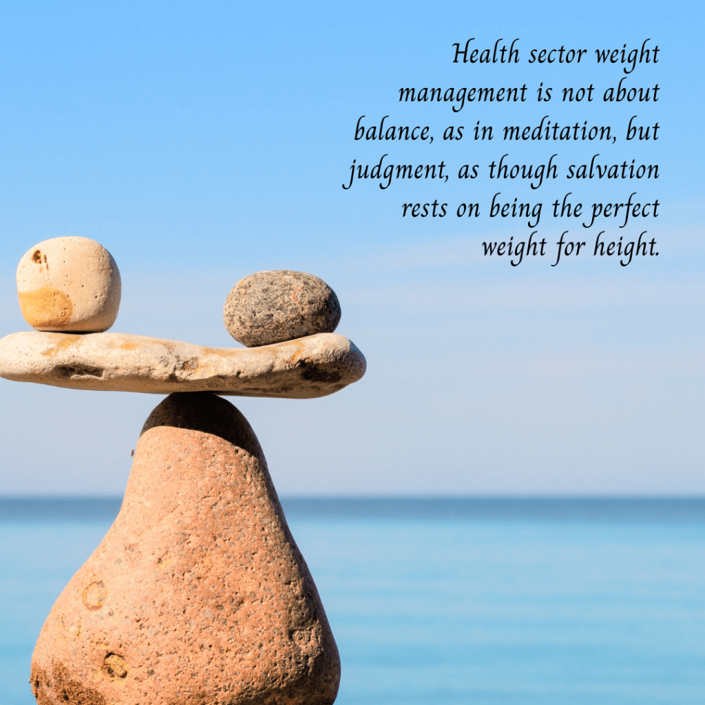 A balanced stack of stones with a blurred beach and sky background, alongside text discussing health sector weight management.