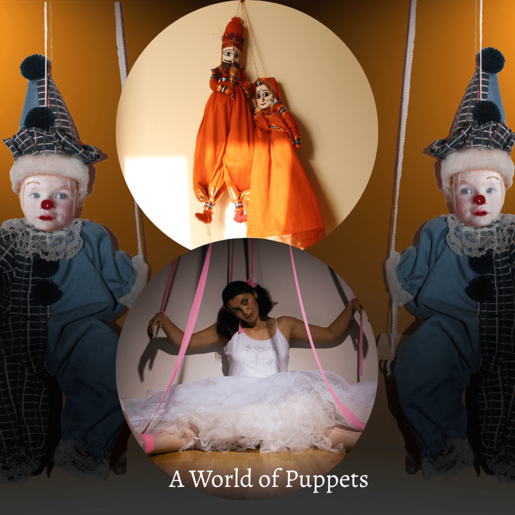 A display of puppets including a clown puppet, traditional marionettes in orange attire, and a young girl playing with strings, set against a warm background.