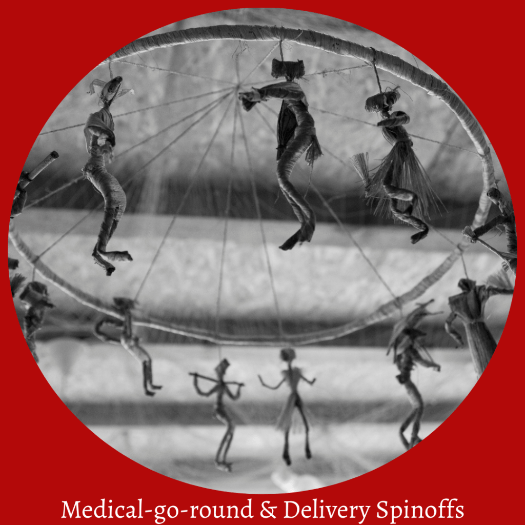 A black and white image of small puppets hanging from a circular frame, depicting a sense of movement, with a red background featuring the title 'Medical-go-round & Delivery Spinoffs'.